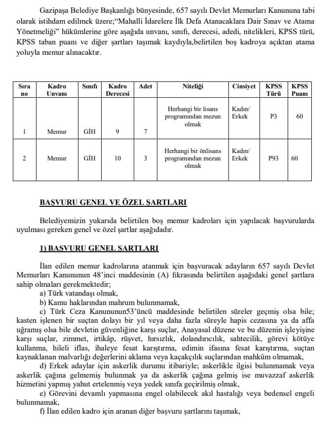 Gazipaşa Belediyesi Memur Alımında Son Gün 21 Ağustos