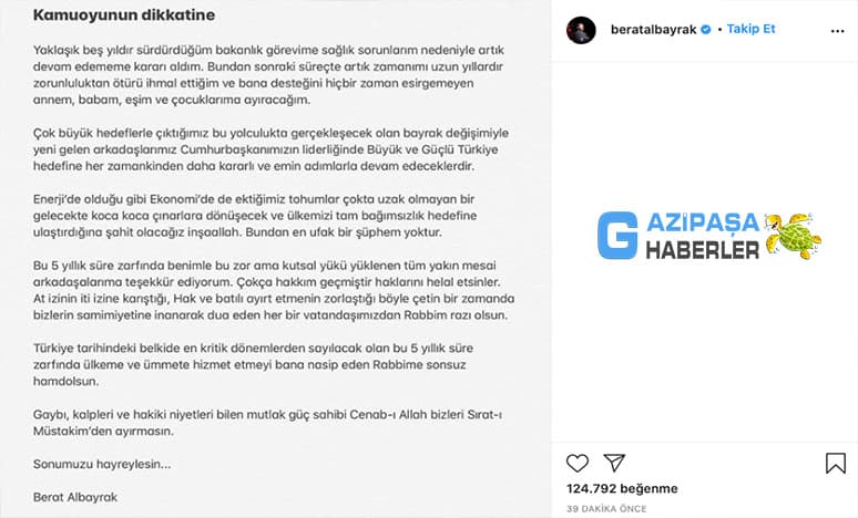 Hazine Ve Maliye Bakanı Berat Albayrak İstifa Etti...