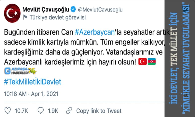 İki Devlet, Tek Millet İçin "Kimlikle Seyahat Uygulaması"